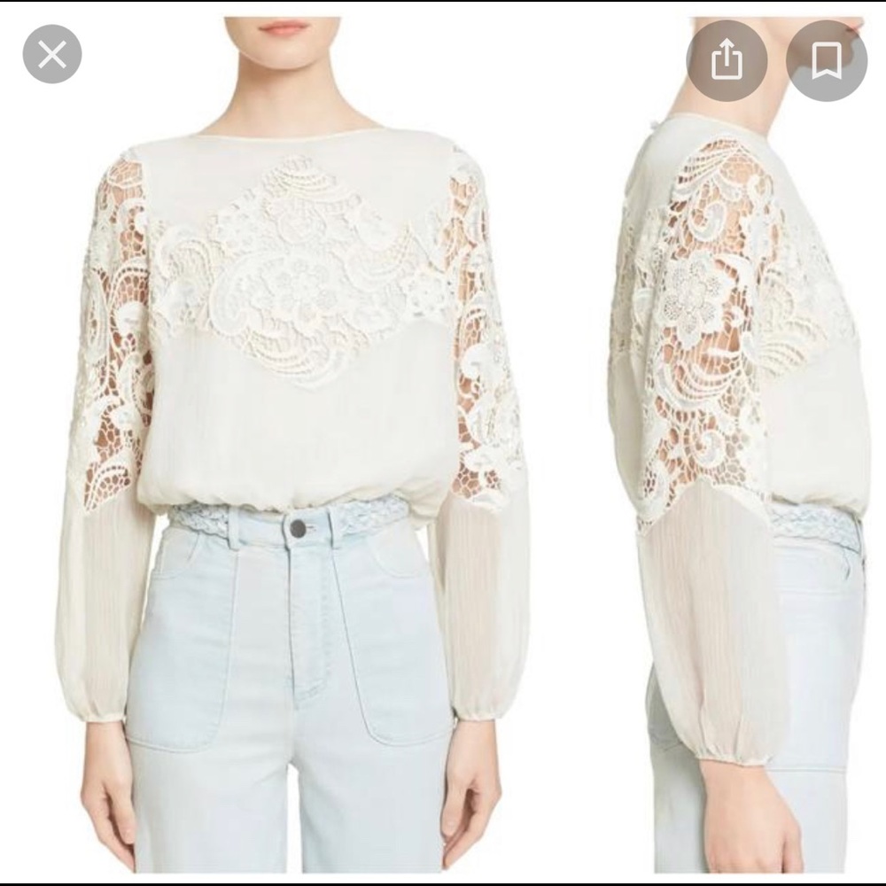 Alice and Olivia Jenelle Long-Sleeve Lace-Trim Plisse Blouse Color: Cream